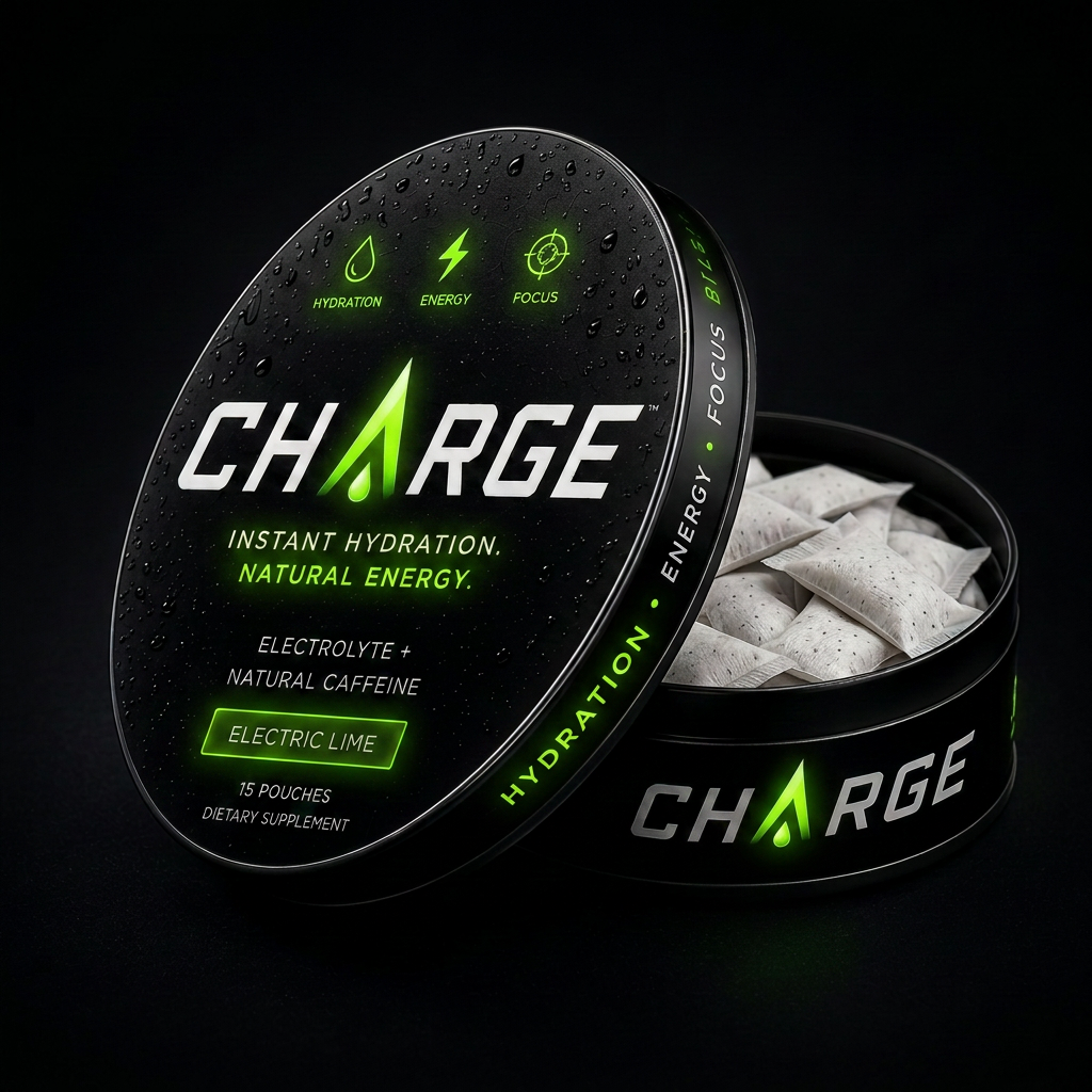 CHRGE Energy Pouches tin — the A in CHRGE is a water droplet, with CAFFEINE and ELECTROLYTES written vertically under the C and E